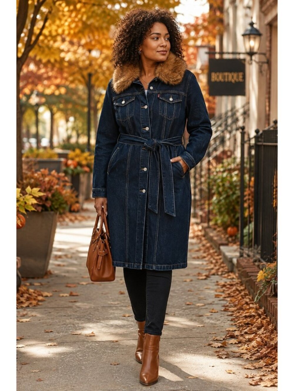 Levi's Faux Fur Collar Denim Coat Women's Large Belted Dark Wash Long Jean... - Picture 2 of 6